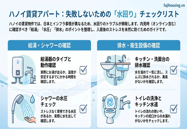ハノイ賃貸アパートの水圧・お湯・給湯器チェックリスト|日本人向けシャワー・排水確認ガイド